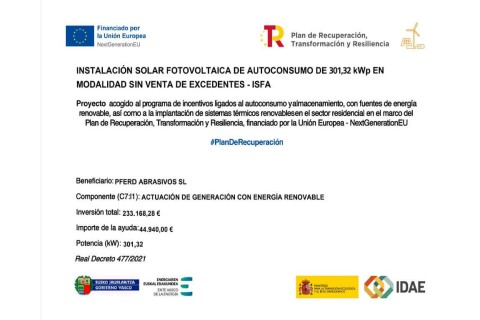 Instalación solar fotovoltaica de autoconsumo en PFERD-Abrasivos, S.L.