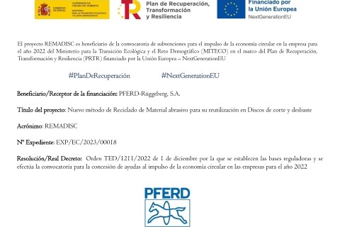 Concedida subvención al proyecto REMADISC de PFERD-Rüggeberg, S.A.