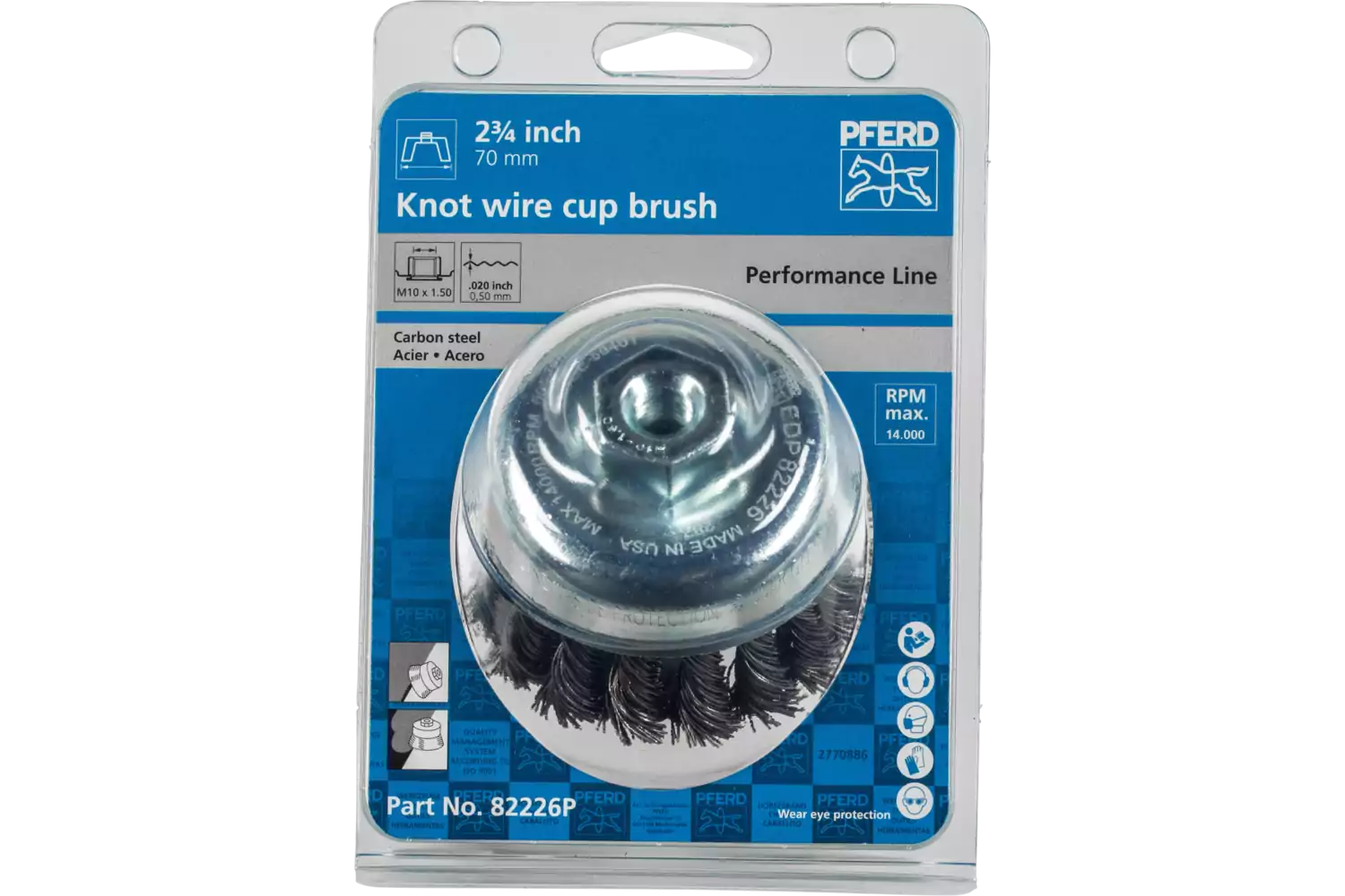 Knot Wire Cup Brush PSF 2-3/4" Dia. .020 Carbon Steel M10x1.50 Thread Retail 2