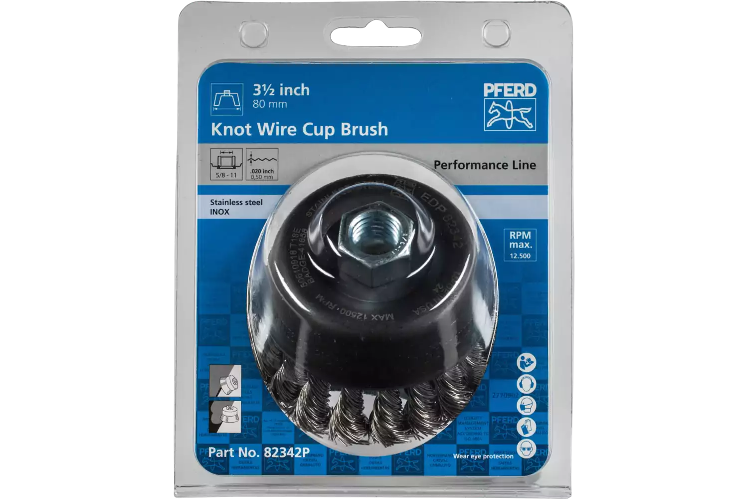 Knot Wire Cup Brush PSF 3-1/2" Dia. .020 Stainless Steel 5/8-11" Thread Retail 2