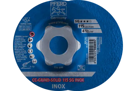 Disco de desbaste CC-GRIND-SOLID 115x22,23 mm COARSE línea de rendimiento SG INOX para acero inoxidable 1