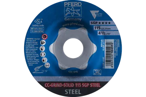 Disco abrasivo CC-GRIND SOLID 115x22,23 mm COARSE linea a massima prestazione SGP STEEL per acciaio 2