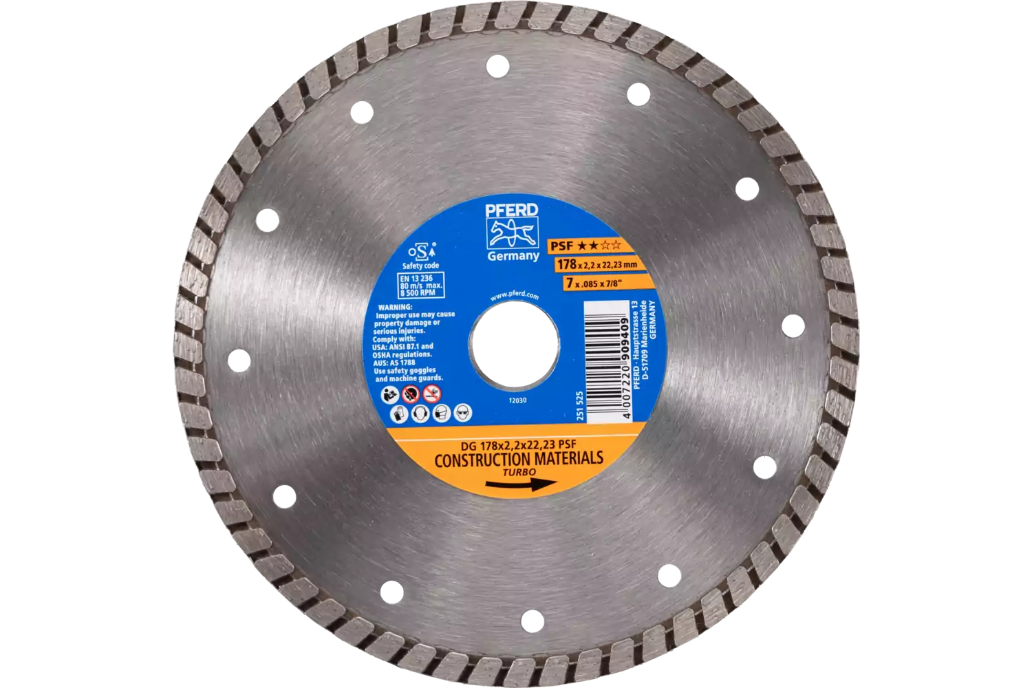 Diamond cut-off wheel DG 178x2.2x22.23 mm PSF for cutting stone/concrete, high cutting quality 1