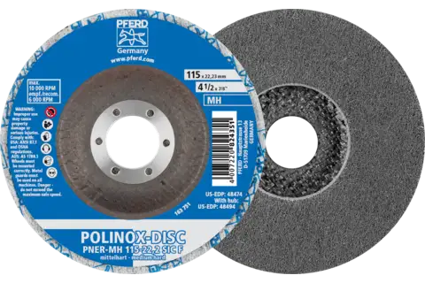 Disco de vellón prensado POLINOX DISC PNER Ø 115 mm agujero Ø 22,23 mm semiduro SIC fino para acabado 1
