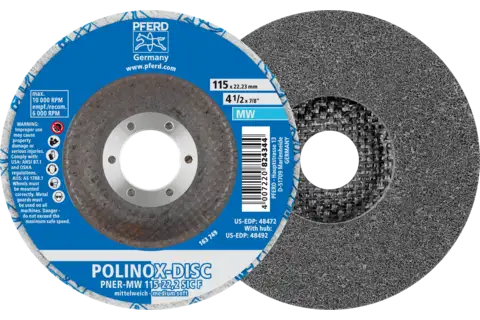 Disco compatto in non tessuto POLINOX PNER Ø 115 mm, foro Ø 22,23 mm medio-tenero SIC per finitura 1