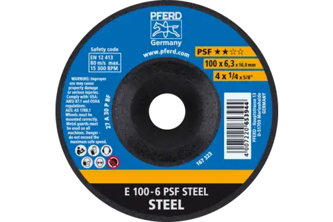 Disco de desbaste E 100x6,3x16 mm línea universal PSF STEEL para acero 1