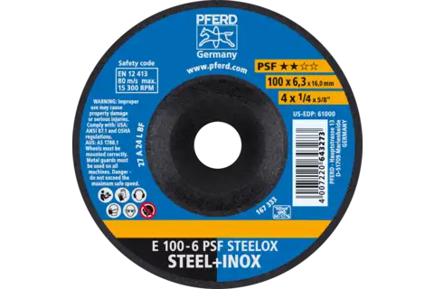 Disco de desbaste E 100x6,3x16 mm línea universal PSF STEELOX para acero/acero inoxidable 1