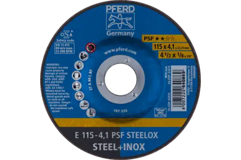 Disco de desbaste E 115x4,1x22,23 mm Linha universal PSF STEELOX para aço/aço inoxidável 1