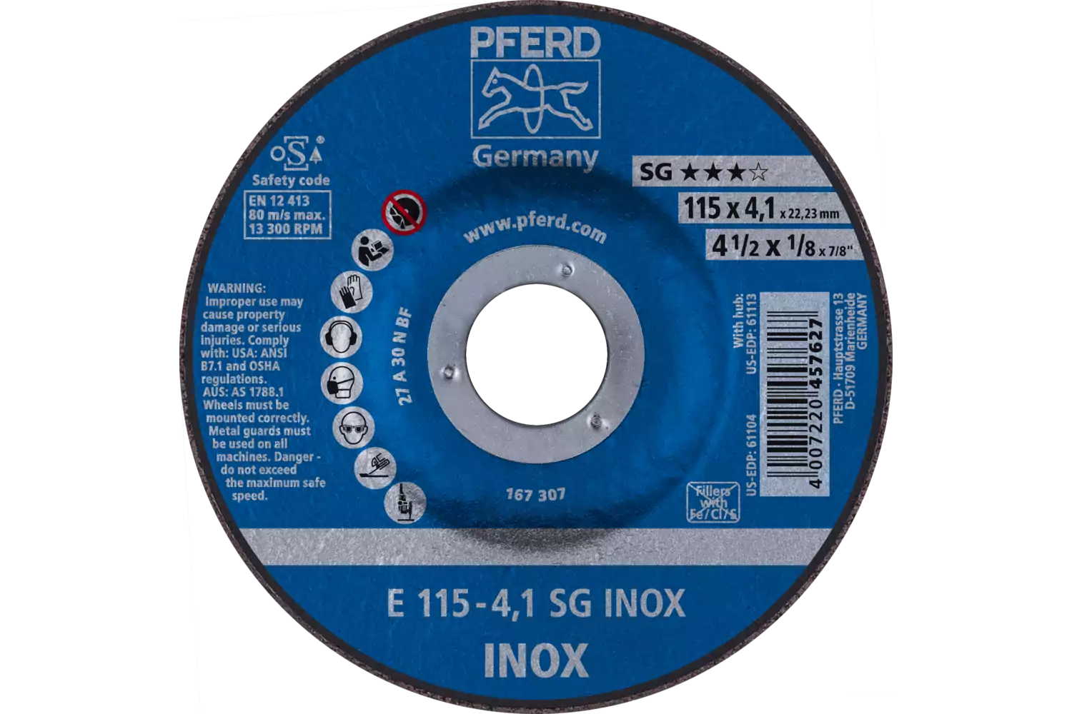 Grinding wheel E 115x4.1x22.23 mm Performance Line SG INOX for stainless steel 1