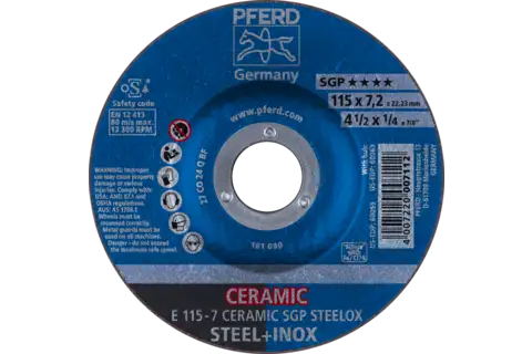 Grinding wheel E 115x7.2x22.23 mm CERAMIC Performance Line SG STEELOX for steel/stainless steel 1