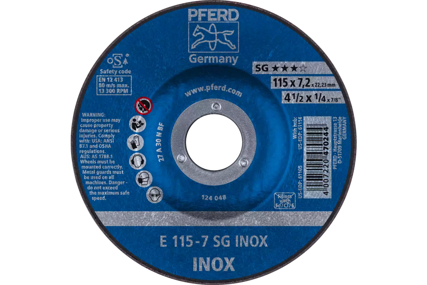 Grinding wheel E 115x7.2x22.23 mm Performance Line SG INOX for stainless steel 1