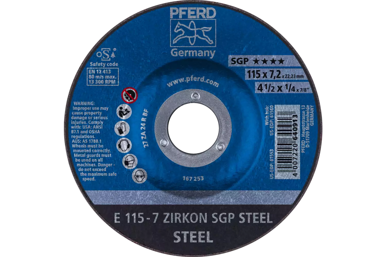 Grinding wheel E 115x7.2x22.23 mm ZIRKON Special Line SGP STEEL for steel 1