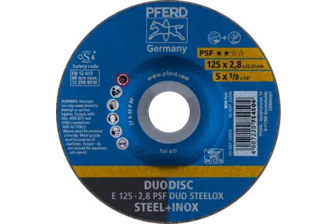 DUODISC cut-off/grind. E 125x2.8x22.23 mm depressed-centre Uni. Line PSF DUO STEELOX f. steel/VA 1