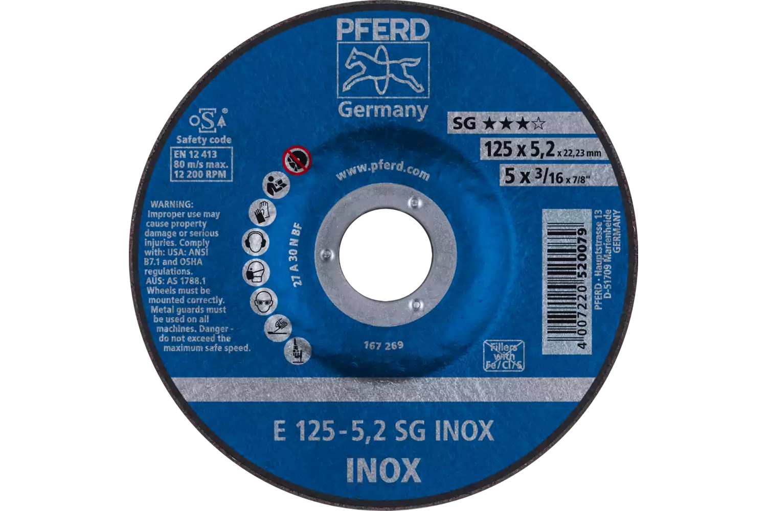 Grinding wheel E 125x5.2x22.23 mm Performance Line SG INOX for stainless steel 1