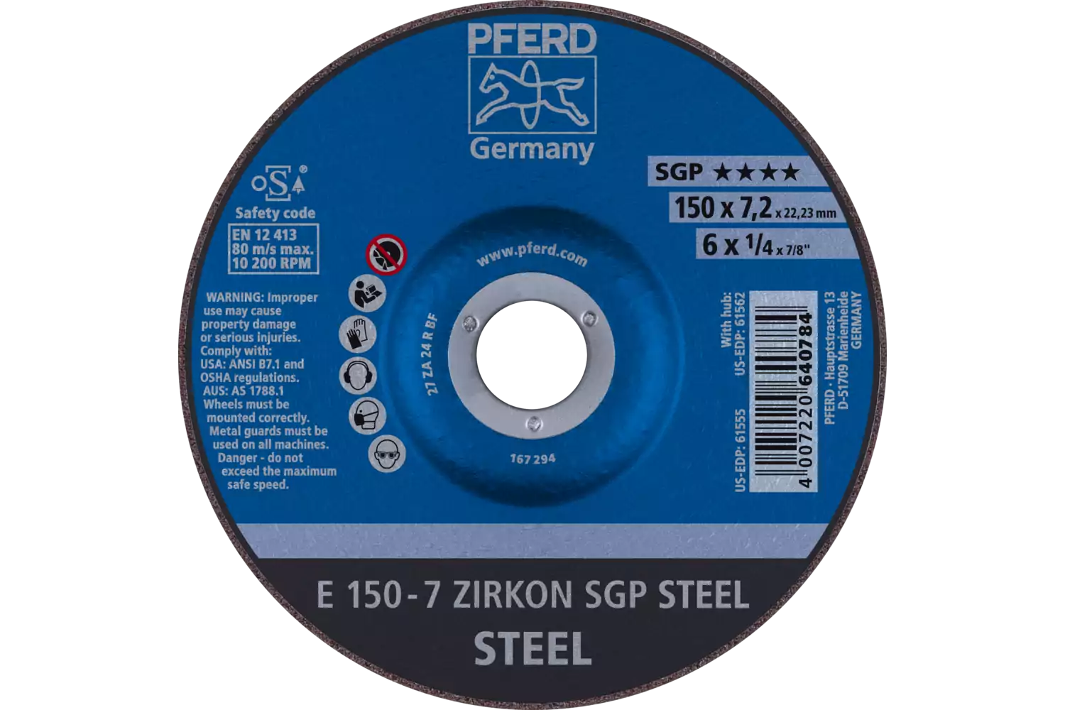 Grinding wheel E 150x7.2x22.23 mm ZIRKON Special Line SGP STEEL for steel 1