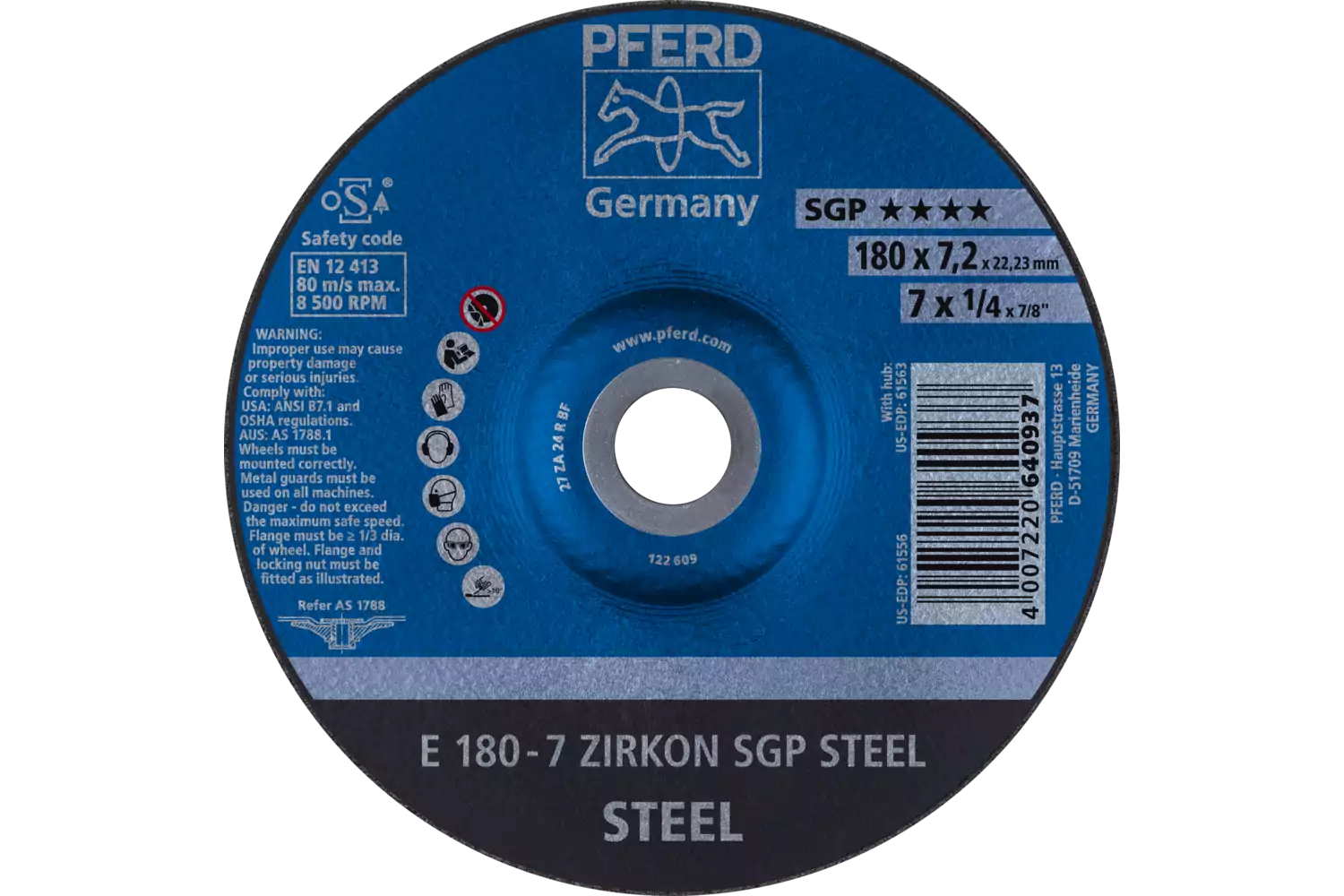 Disque à ébarber E 180x7,2x22,23 mm, ZIRKON, gamme spéciale SGP STEEL pour acier 1