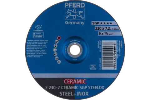 Disco de desbaste E 230x7,2x22,23 mm CERAMIC línea alto rendimiento SG STEELOX para acero/acero inoxidable 1