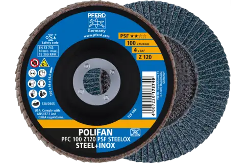 Disque à lamelles POLIFAN PFC 100x16 mm, conique, Z120, gamme universelle PSF STEELOX acier/acier inoxydable 1