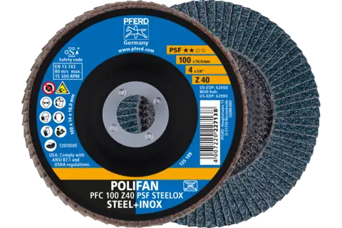 POLIFAN flap taşlama diski PFC 100x16 mm konik Z40 Üniversal Seri PSF STEELOX çelik/paslanmaz çelik 1