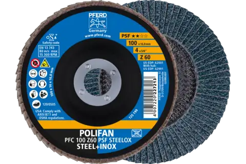 POLIFAN flap taşlama diski PFC 100x16 mm konik Z60 Üniversal Seri PSF STEELOX çelik/paslanmaz çelik 1