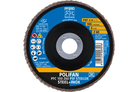Disco de láminas lijadoras POLIFAN PFC 100x16 mm cónico Z60 línea universal PSF STEELOX acero/acero inoxidable 2