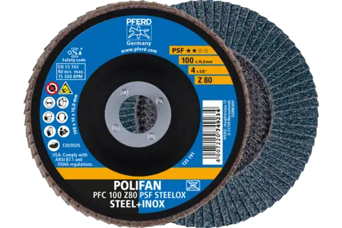 Disco de láminas lijadoras POLIFAN PFC 100x16 mm cónico Z80 línea universal PSF STEELOX acero/acero inoxidable 1