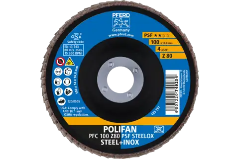 Disco de láminas lijadoras POLIFAN PFC 100x16 mm cónico Z80 línea universal PSF STEELOX acero/acero inoxidable 2