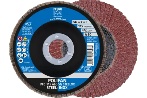 Disco lamellare POLIFAN PFC 115x22,23 mm conico A60 linea uni. PSF STEELOX acciaio/acciaio inossidabile 1