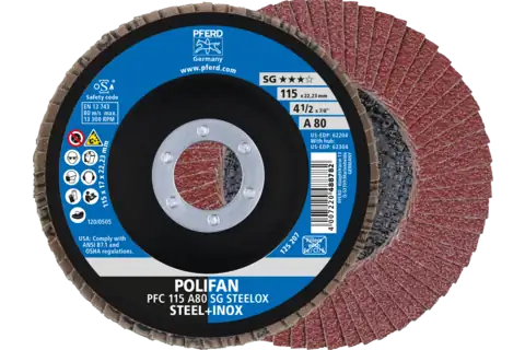 Disco lamellare POLIFAN PFC 115x22,23 mm conico A80 SG STEELOX acciaio/acciaio inossidabile 1