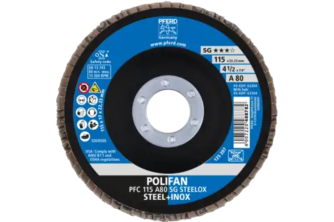 Disco lamellare POLIFAN PFC 115x22,23 mm conico A80 SG STEELOX acciaio/acciaio inossidabile 2