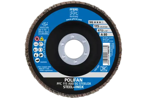 Disco lamellare POLIFAN PFC 115x22,23 mm conico A80 SG STEELOX acciaio/acciaio inossidabile 2