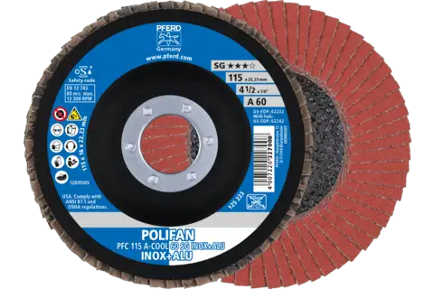 POLIFAN flap disc PFC 115x22.23 mm conical A-COOL 60 SG INOX+ALU stainless steel/aluminium 1