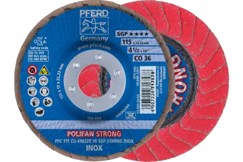 Disco de láminas lijadoras STRONG POLIFAN PFC 115x22,23 mm cónico CO-FREEZE 36 SGP INOX acero inoxidable 1