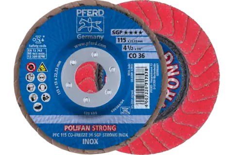 POLIFAN STRONG flap disc PFC 115x22.23 mm conical CO-FREEZE 36 SGP INOX for stainless steel 1