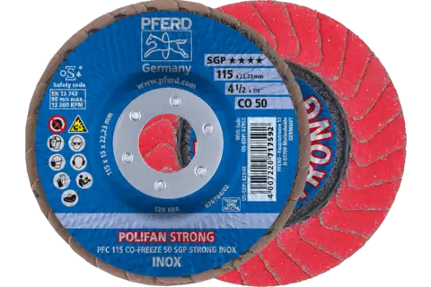 Disco de láminas lijadoras STRONG POLIFAN PFC 115x22,23 mm cónico CO-FREEZE 50 SGP INOX acero inoxidable 1