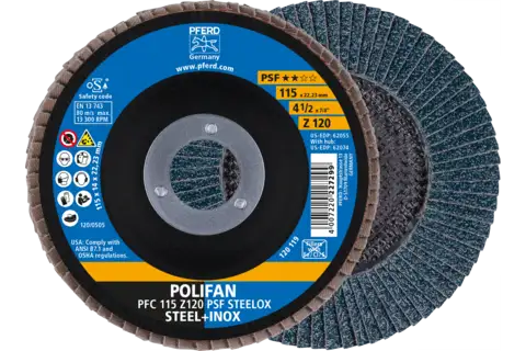 Disco de láminas lijadoras POLIFAN PFC 115x22,23 mm cónico Z120 línea universal PSF STEELOX acero/acero inoxidable 1