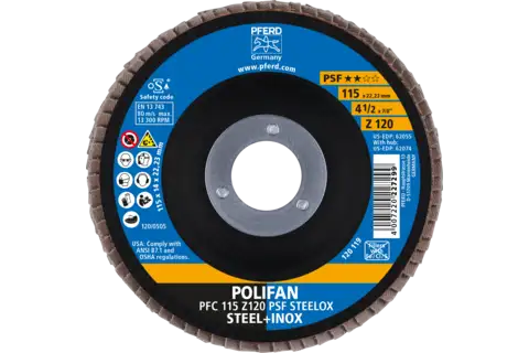 Disco lamelar POLIFAN PFC 115x22,23 mm, cônico Z120 Uni. Linha PSF STEELOX para aço/aço inoxidável 2
