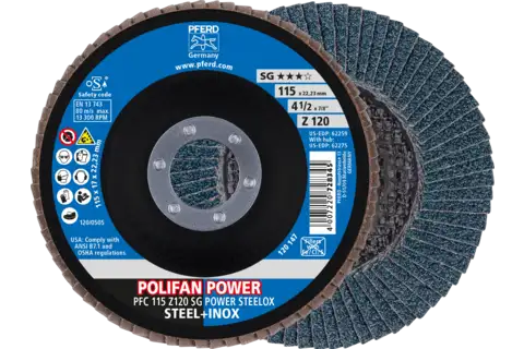 Disco de láminas lijadoras POWER POLIFAN PFC 115x22,23 mm cónico Z120 SG STEELOX acero/acero inoxidable 1