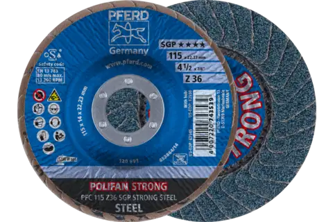 Disco de láminas lijadoras STRONG POLIFAN PFC 115x22,23 mm cónico Z36 línea SGP STEEL para acero 1