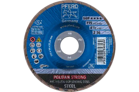 Disco de láminas lijadoras STRONG POLIFAN PFC 115x22,23 mm cónico Z36 línea SGP STEEL para acero 2