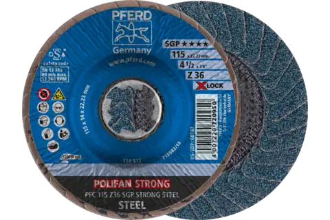 Disco lamellare POLIFAN STRONG PFC 115 mm X-LOCK conico Z36 SGP STEEL per acciaio 1
