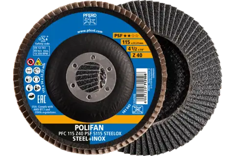 Disco de láminas lijadoras POLIFAN PFC 115x22,23 mm cónico Z40 línea universal PSF 5115 STEELOX acero/acero inoxidable 1