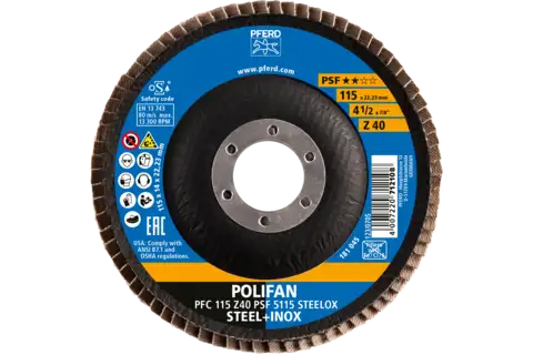 Disco de láminas lijadoras POLIFAN PFC 115x22,23 mm cónico Z40 línea universal PSF 5115 STEELOX acero/acero inoxidable 2