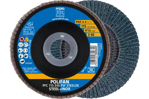 Disco de láminas lijadoras POLIFAN PFC 115x22,23 mm cónico Z40 línea universal PSF STEELOX/1 acero/acero inoxidable 1