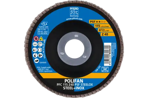 Disco de láminas lijadoras POLIFAN PFC 115x22,23 mm cónico Z40 línea universal PSF STEELOX/1 acero/acero inoxidable 2