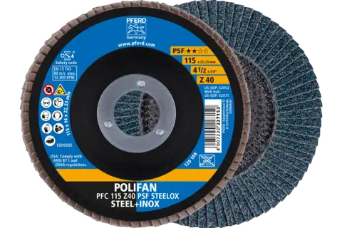 Disque à lamelles POLIFAN PFC 115x22,23 mm, conique, Z40, gamme universelle PSF STEELOX acier/acier inoxydable 1