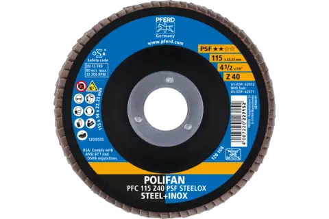 Disco lamelar POLIFAN PFC 115x22,23 mm, cônico Z40 Uni. Linha PSF STEELOX para aço/aço inoxidável 2