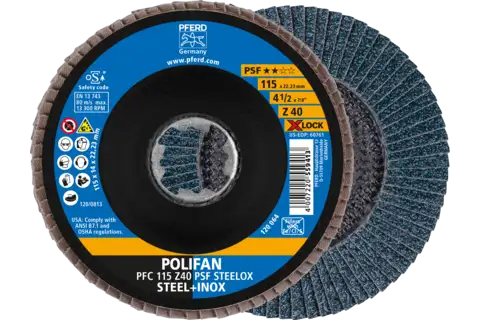 POLIFAN flap taşlama diski PFC 115 mm X-LOCK konik Z40 Üni. Line PSF STEELOX çelik/paslanmaz çelik 1
