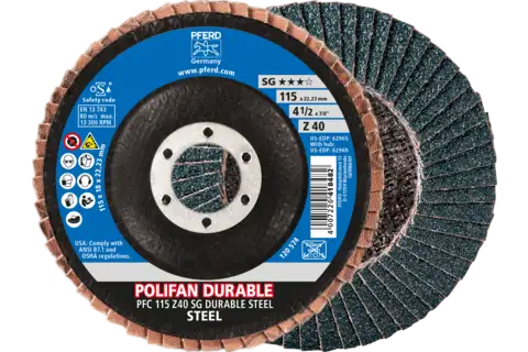 POLIFAN POWER flap disc PFC 115x22.23 mm conical Z40 Performance Line SG DURABLE STEEL for steel 1