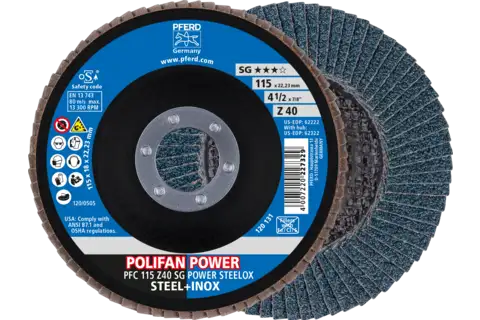 Disco de láminas lijadoras POWER POLIFAN PFC 115x22,23 mm cónico Z40 SG STEELOX acero/acero inoxidable 1